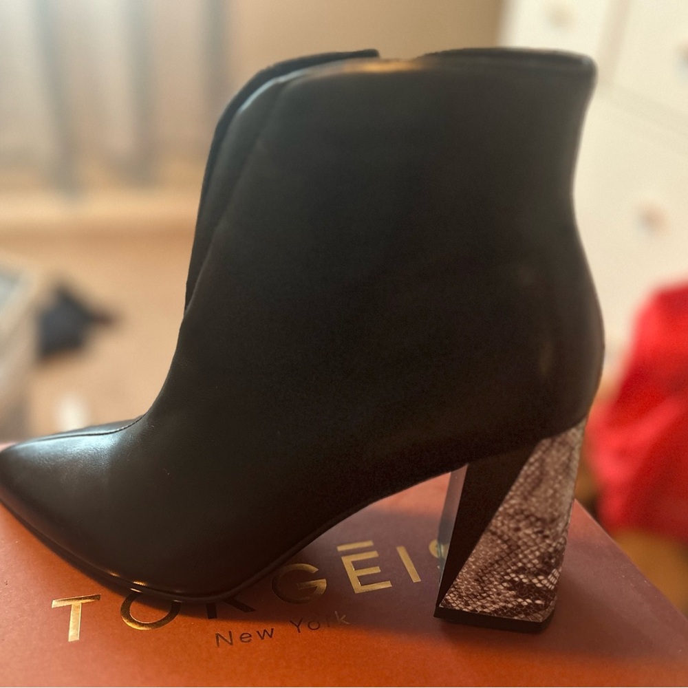 Black Ankle Boots with Faux Snakeskin Heel